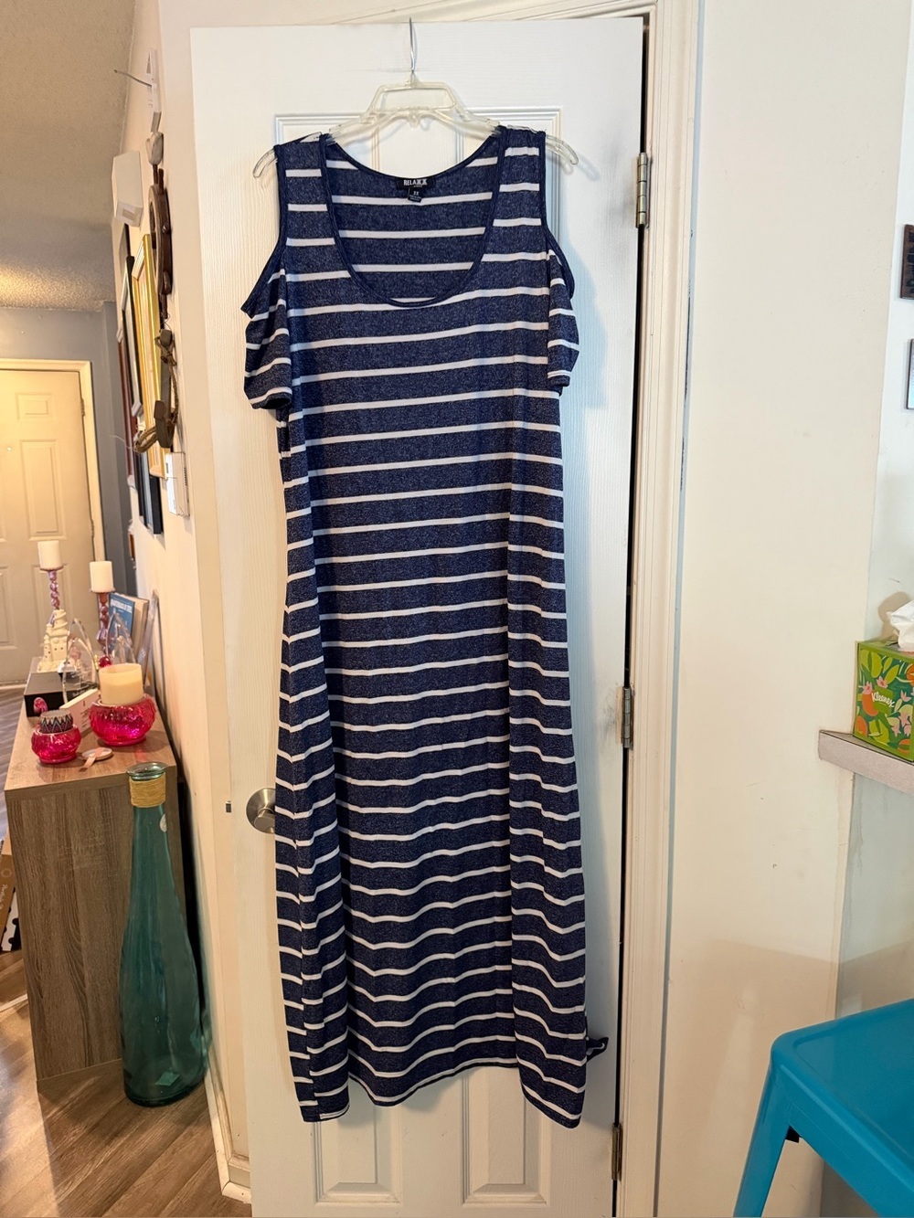 Navy & White Striped Cold-Shoulder Maxi Dress